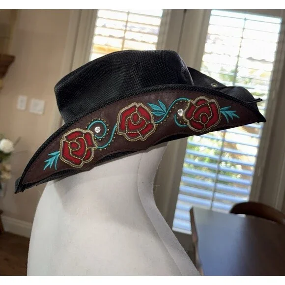 Peter Grimm Black Straw Cowboy Hat Embroidered Rose Band Western Festival O/S - Picture 3 of 12